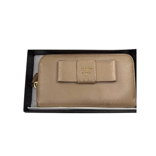 Authentic PRADA Saffiano Fiocco Bow Zip Around Wallet Leather Beige Womens COA