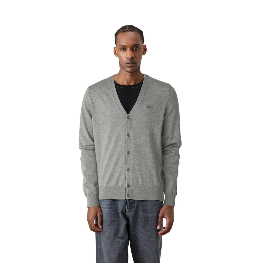 Lacoste Cardigan Sweater Low Cut V-Neck Button-Up Heather Agate Mens Size 36