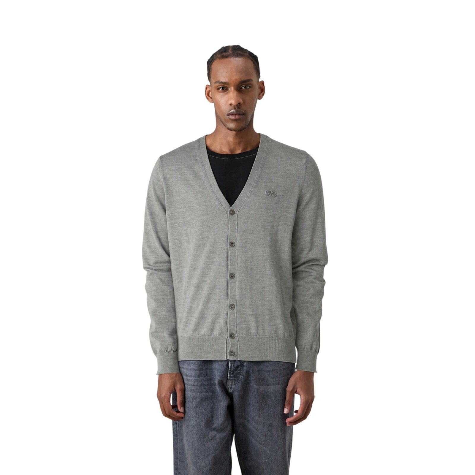 Lacoste Cardigan Sweater Low Cut V-Neck Button-Up Heather Agate Mens Size 36