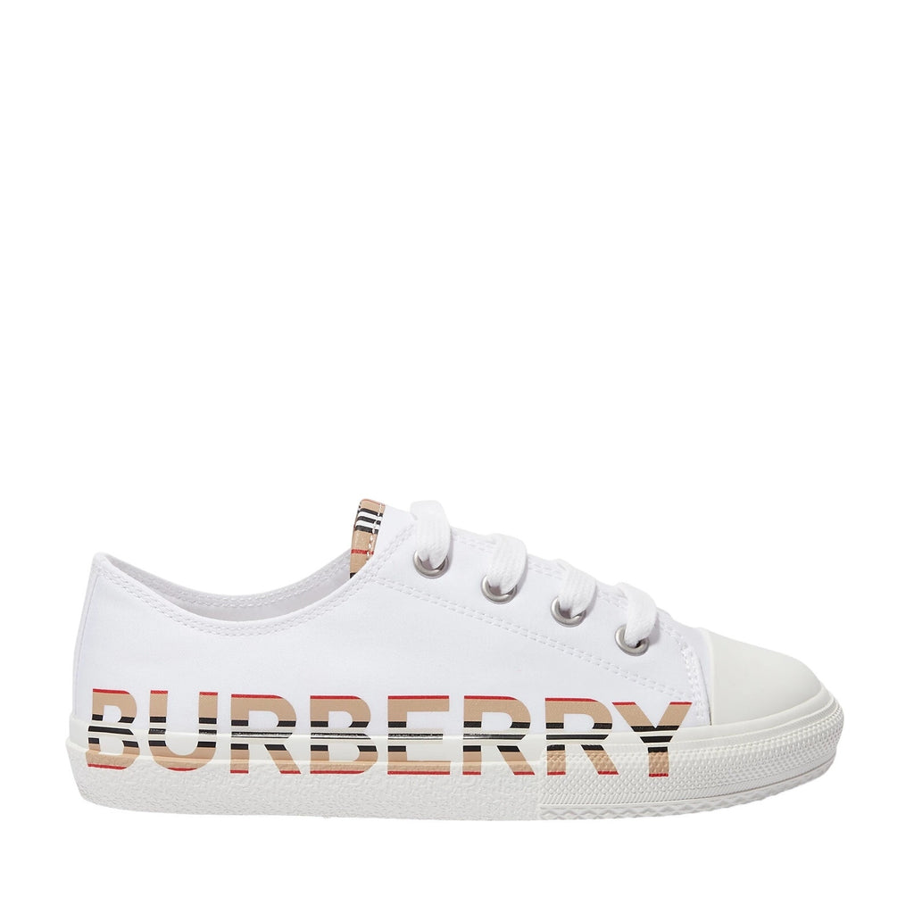 Burberry Icon Stripe Logo Print Cotton Gabardine Sneakers White Kids 12.5