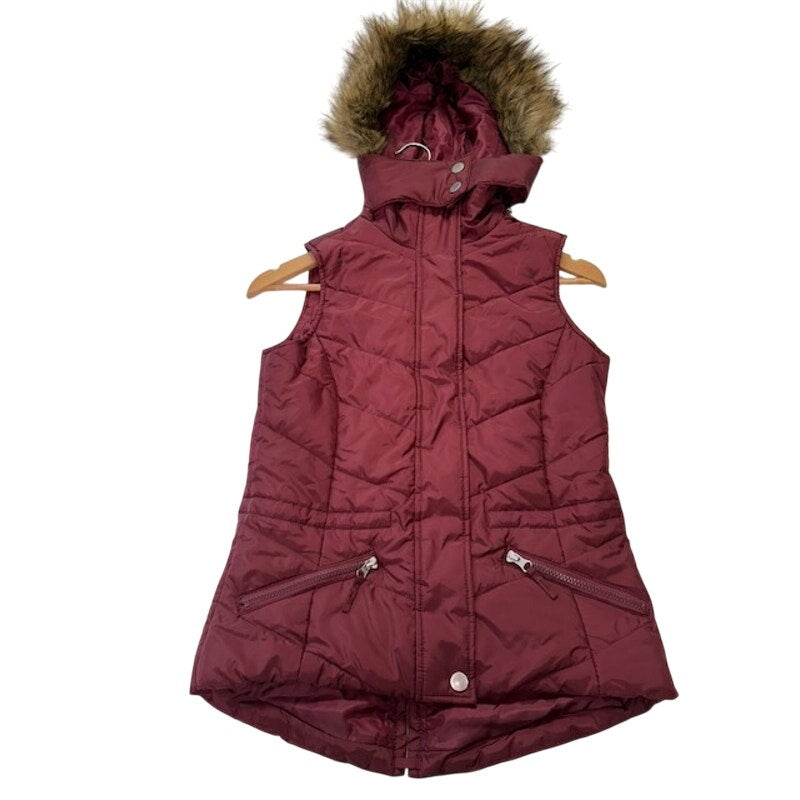 American Rag Cie Puffer Vest Fur Hood Snap Zip-Up Burgundy Womens Size XS