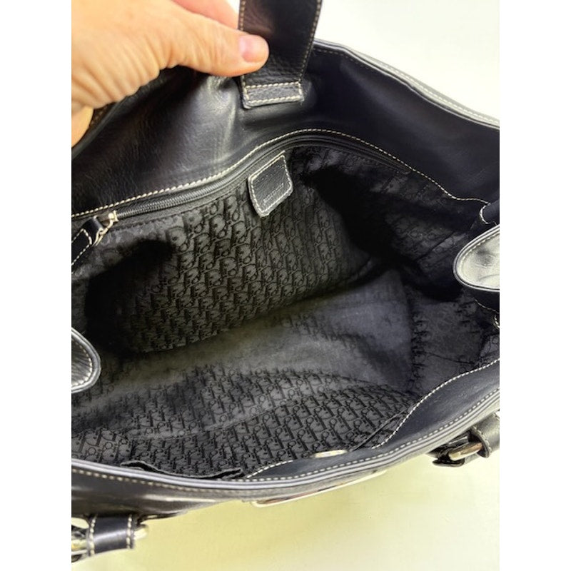 Christian Dior Leather Silver Hardware Handbag Snap Closure Black Womens Medium