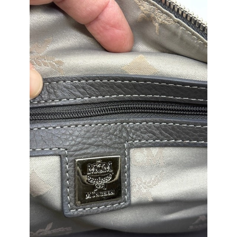 MCM Visetos Boston Bag Satchel Leather-Trimmed Hand Bag Chain Handle Grey Womens