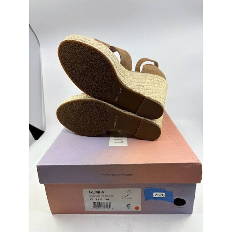 Lisa Vicky Gemi Platform Wedge Sandal Ankle Strap Leather Cognac Womens 8.5