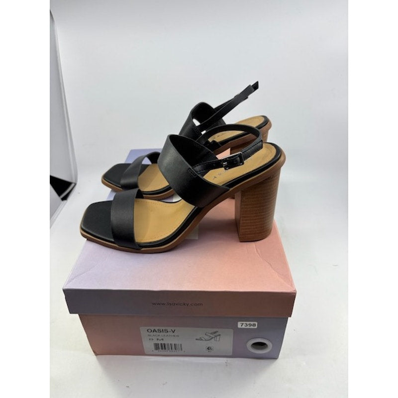 Lisa Vicky Oasis-V Slingback Sandal Leather Chucky Heels Black Womens Size 8