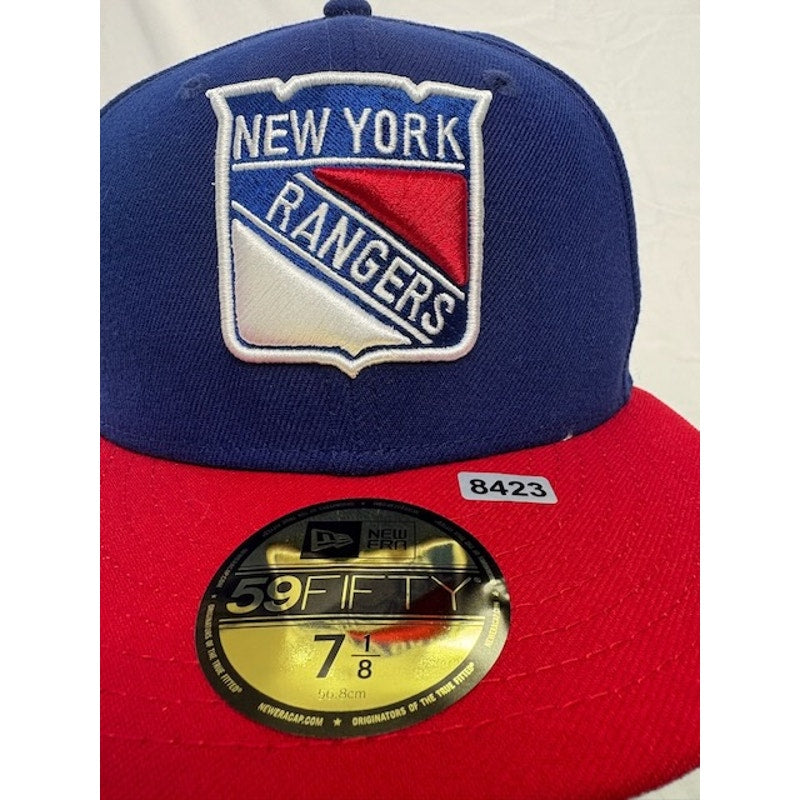 New Era New York Rangers NHL 59FIFTY Fitted Hat Flat Brim Blue Red Mens 7 1/8