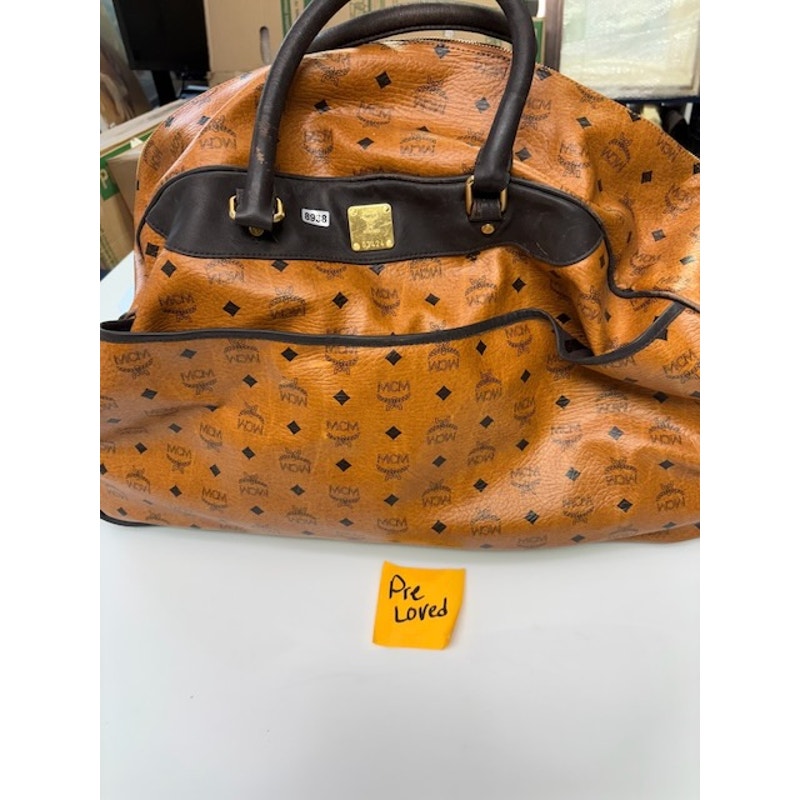 Vintage MCM Monogram Visetos Duffle Trolley Travel Bag Leather Cognac Orange