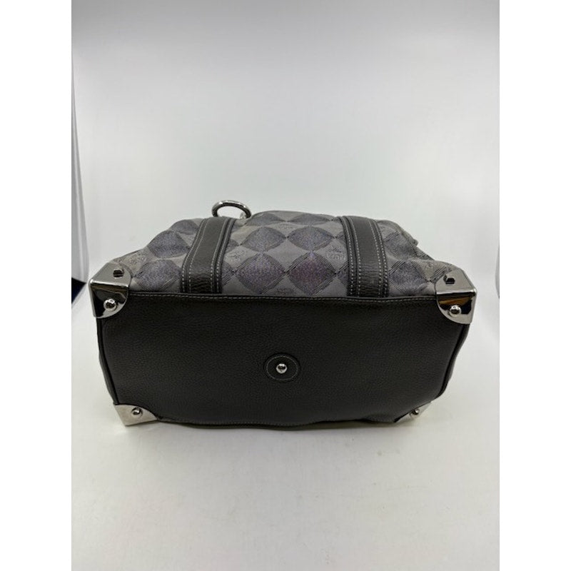 MCM Visetos Boston Bag Satchel Leather-Trimmed Hand Bag Chain Handle Grey Womens