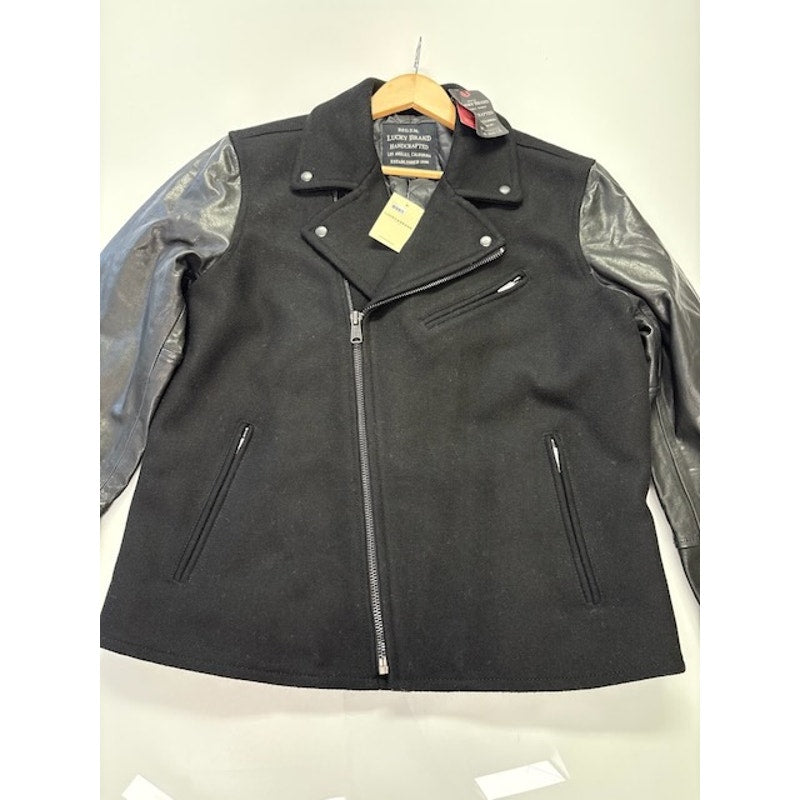 Lucky Brand Moto Jacket Leather Wool Quilted Lined Zip-Up Black Mens Size L