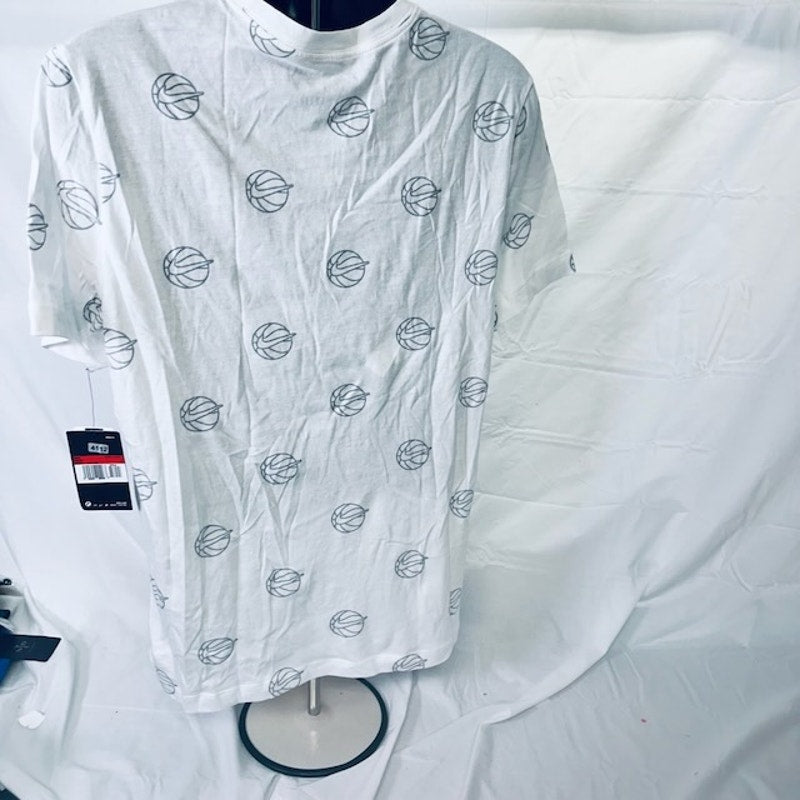 Nike BB Print Swoosh Athletic T-Shirt Dri Fit All Over Print White Mens L
