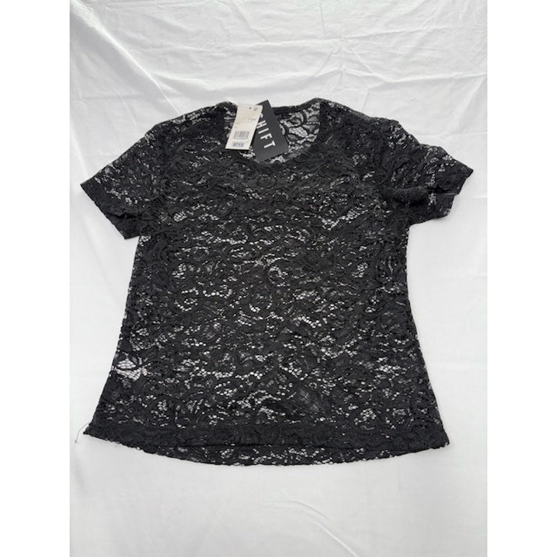NWT Shift Embellished Floral Gem Lace Top Short Sleeve Black Womens Size Medium