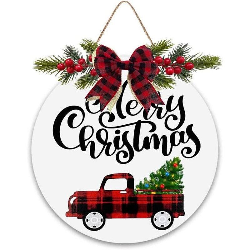 Red Truck Christmas Wreath Sign with Buffalo Plaid Bow Holiday Decoration