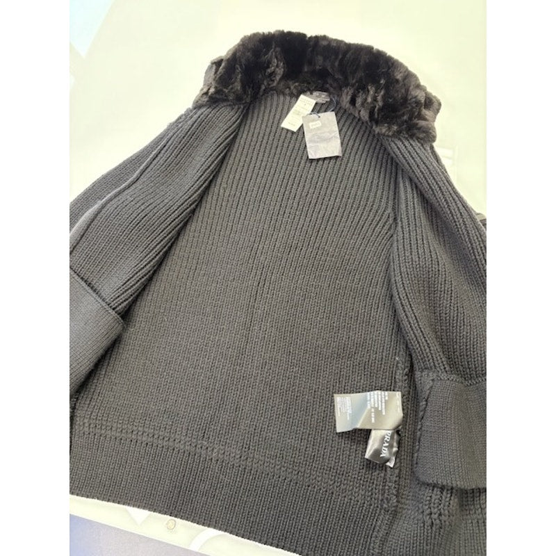 Prada Faux-Fur Collar Cardigan Knit Sweater Full-Zip Black Mens Size 56 EU