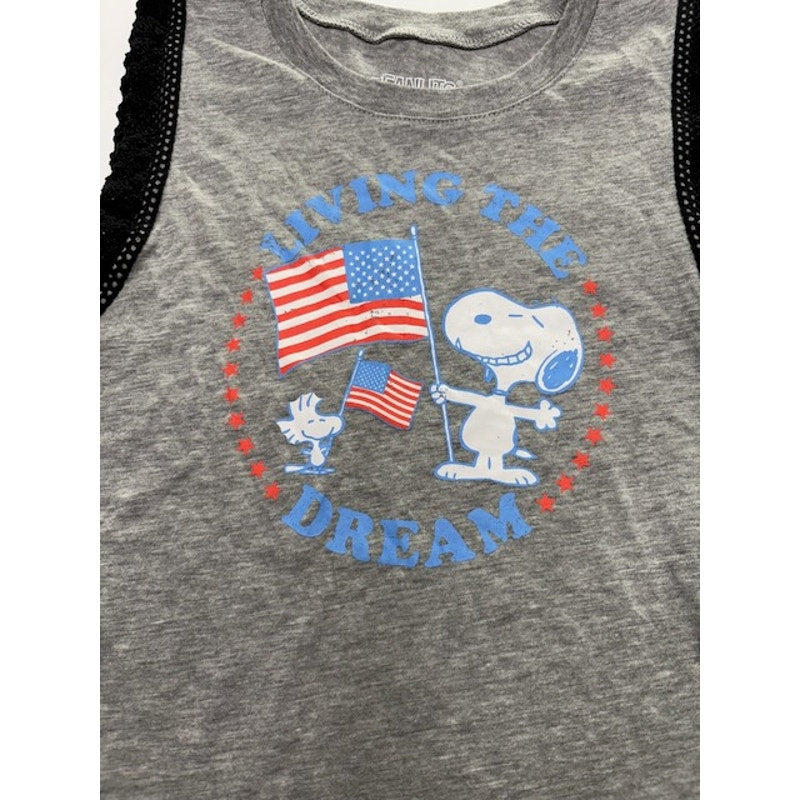 Peanuts Snoopy Americana Tank Top Lace Trim Living The Dream Gray Womens S