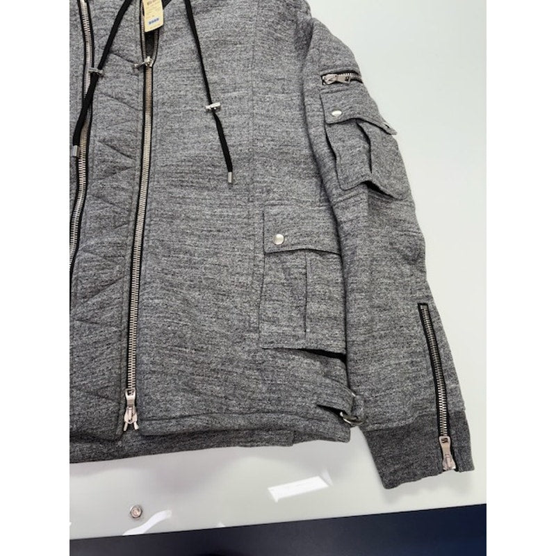 Balmain Quilted Biker Hoodie Two-Way Zip Flap Pockets Gray Mens Size XL