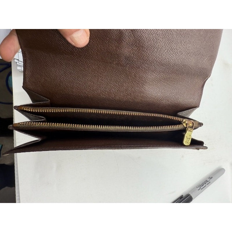 Louis Vuitton Damier Ebene Canvas Leather Bifold Long Wallet Brown Womens