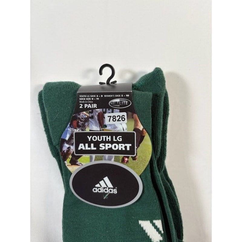 2 Pairs Adidas All Sport Socks Over The Calf Green/White Youth LG Size 3-9
