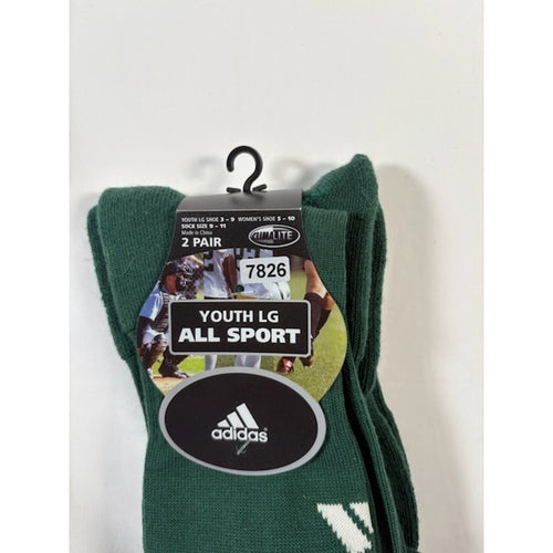 2 Pairs Adidas All Sport Socks Over The Calf Green/White Youth LG Size 3-9