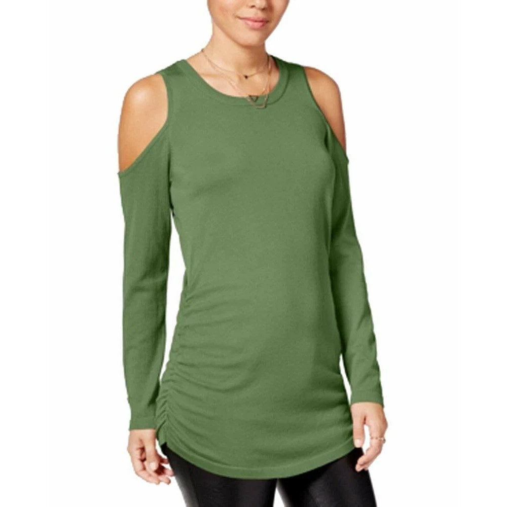Hippie Rose Ruched Cold-Shoulder Sweater Crewneck Moss Juniors' Size XS