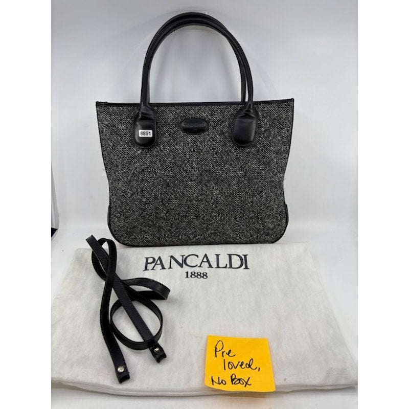 Pancaldi 1888 Tweed Leather Tote Bag Italy Top Handle Shoulder Strap Gray Black