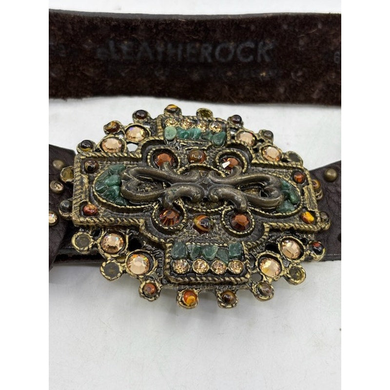 Leatherock Belt Studded Leather Crystal Buckle Western Boho Brown Womens Size L
