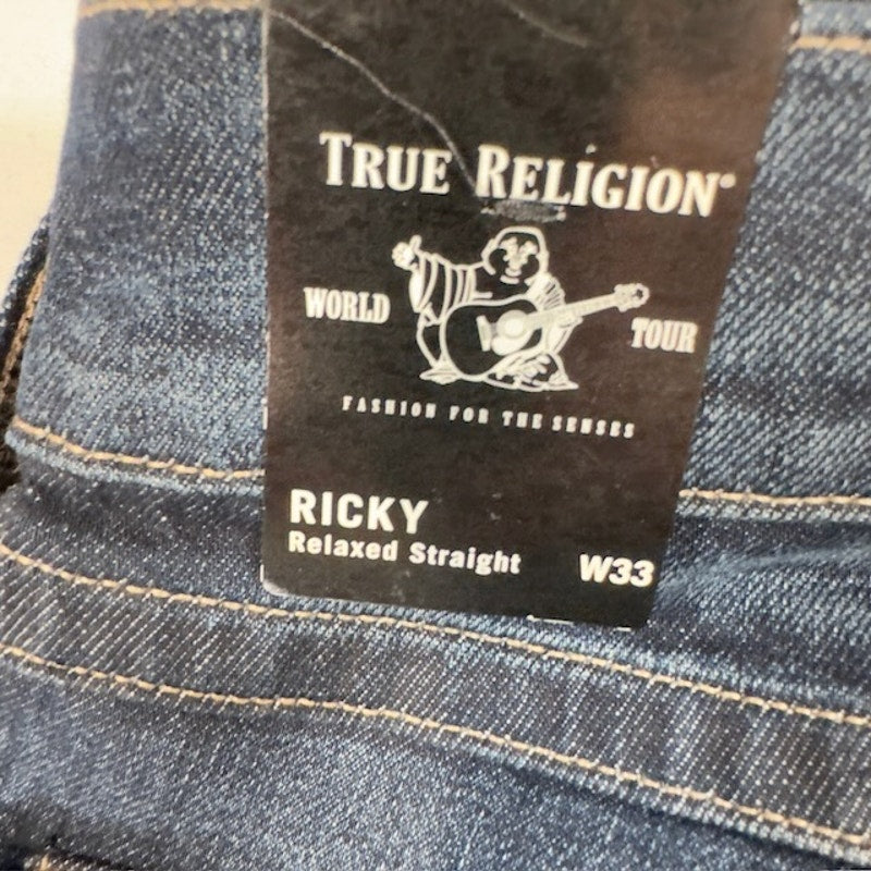 True Religion Ricky Flap SE Relaxed Straight Jeans Dark Axle Denim Mens Size 33