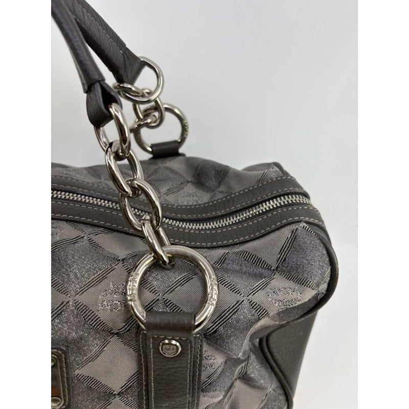 MCM Visetos Boston Bag Satchel Leather-Trimmed Hand Bag Chain Handle Grey Womens