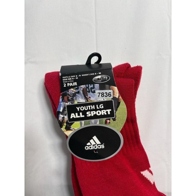 2 Pairs Adidas All Sport Socks Over The Calf Red/White Youth LG Size 3-9