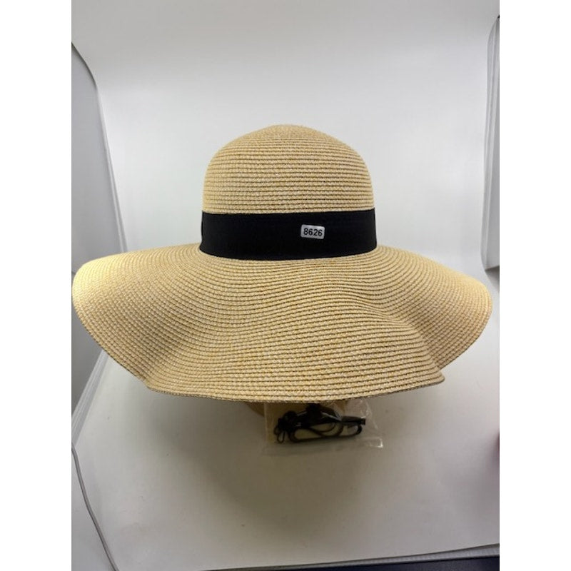 FURTALK Wide Brim Straw Sun Hat Adjustable Cap Beige Black Band Womens Sz M