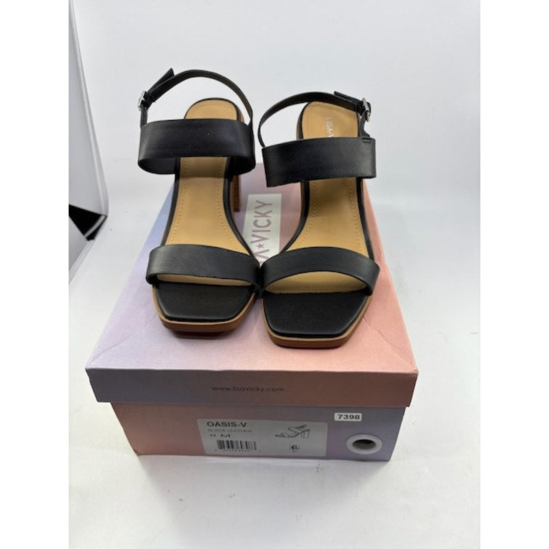 Lisa Vicky Oasis-V Slingback Sandal Leather Chucky Heels Black Womens Size 8