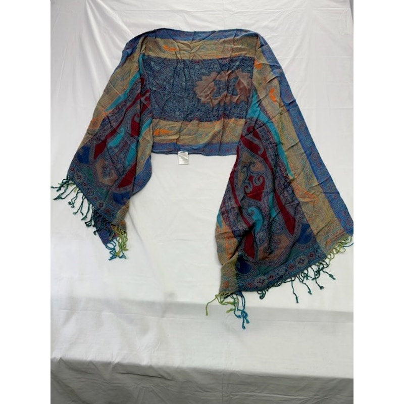Boho Paisley Fringe Scarf Wrap Lightweight Festival Blue Orange Teal Once Size