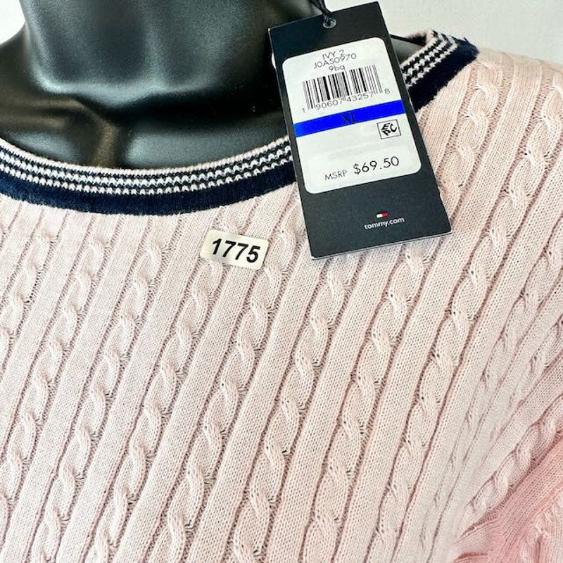 Tommy Hilfiger Cable-Knit Sweater Contrast-Trim Light Pink Black Womens Size XL