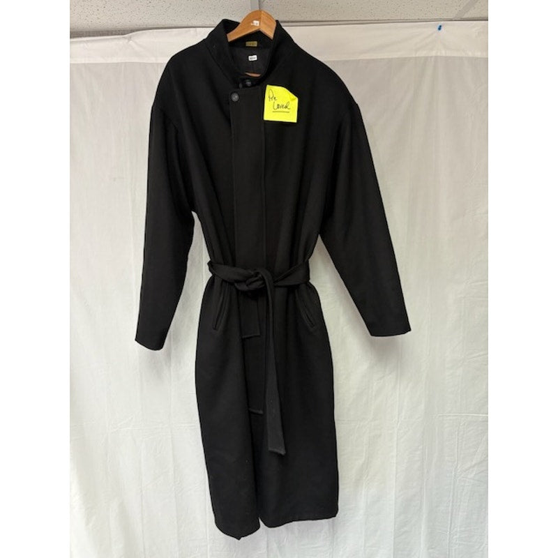 Mens Button-Up Wool Overcoat High Neck Belted Welt Pockets Lined Black Size XLT