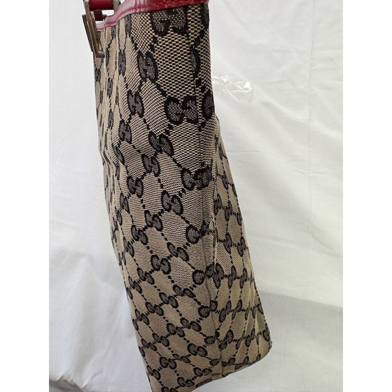 GUCCI GG Canvas Leather Open Top Vintage Tote Bag Gold-Tone Hardware Brown/Red