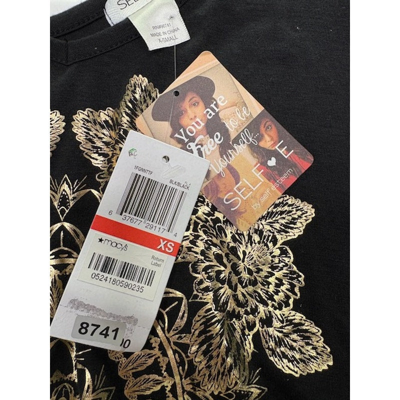 Self Esteem Cold Shoulder Top Gold Mandala Graphic V-Neck Black Womens Sz XS