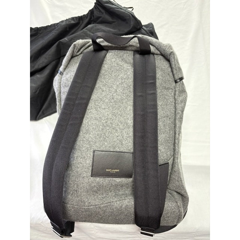 Saint Laurent Paris Leather Trim Wool Backpack Rucksack Drawstring Bag Grey