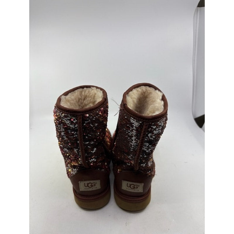 UGG Sequin Embellishments Mid-Calf Snow Boots Shearling Trim Brown Womens Size 7