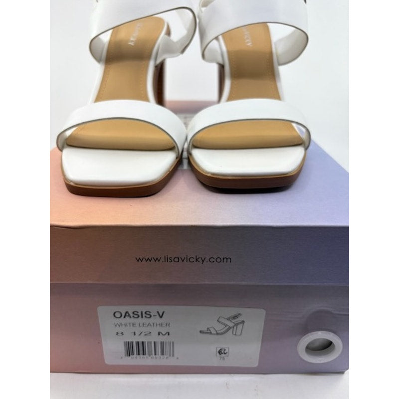 Lisa Vicky Oasis-V Leather Block Heel Sandals Ankle Strap White Womens 8.5