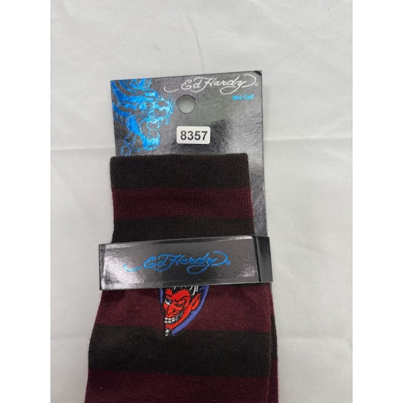 Ed Hardy Devil Tattoo Graphic Mid Calf Socks Striped Brown/Burgundy Adult OS