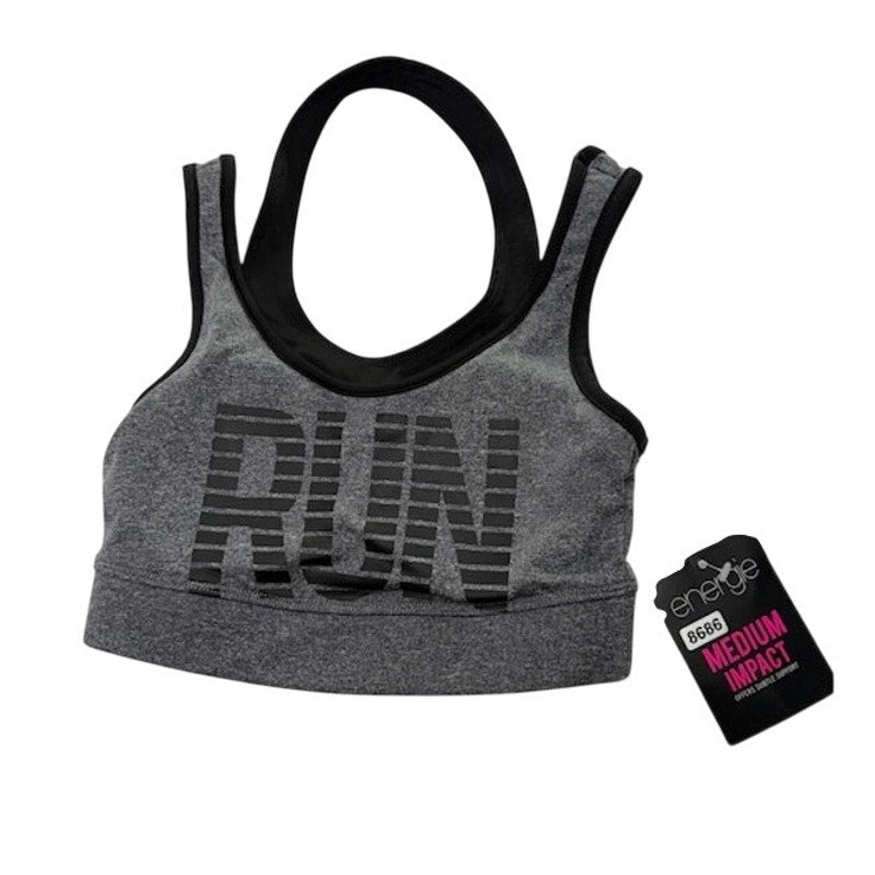 Energie Medium Impact Halter Sports Bra Run Graphic Gray Black Womens XS