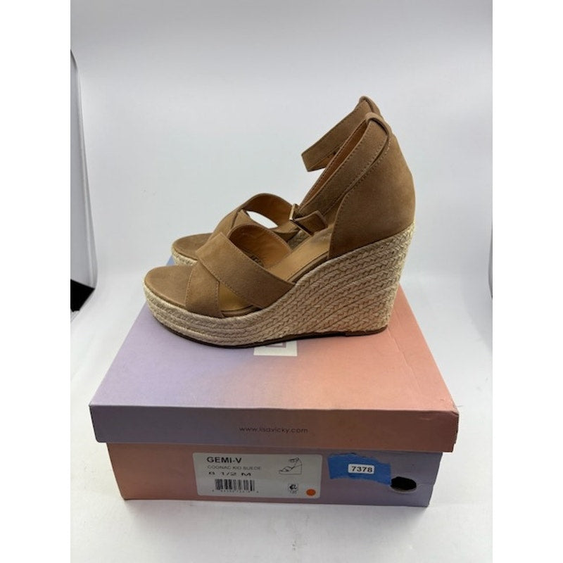 Lisa Vicky Gemi Platform Wedge Sandal Ankle Strap Leather Cognac Womens 8.5
