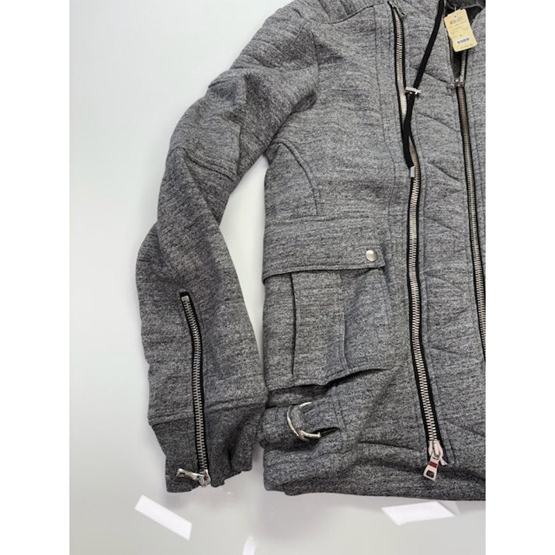 Balmain Quilted Biker Hoodie Two-Way Zip Flap Pockets Gray Mens Size XL