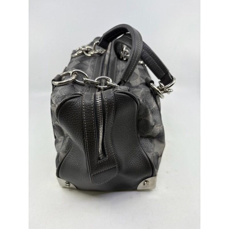 MCM Visetos Boston Bag Satchel Leather-Trimmed Hand Bag Chain Handle Grey Womens