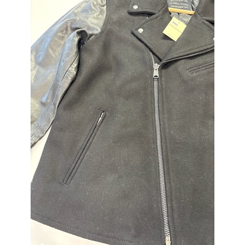 Lucky Brand Moto Jacket Leather Wool Quilted Lined Zip-Up Black Mens Size L