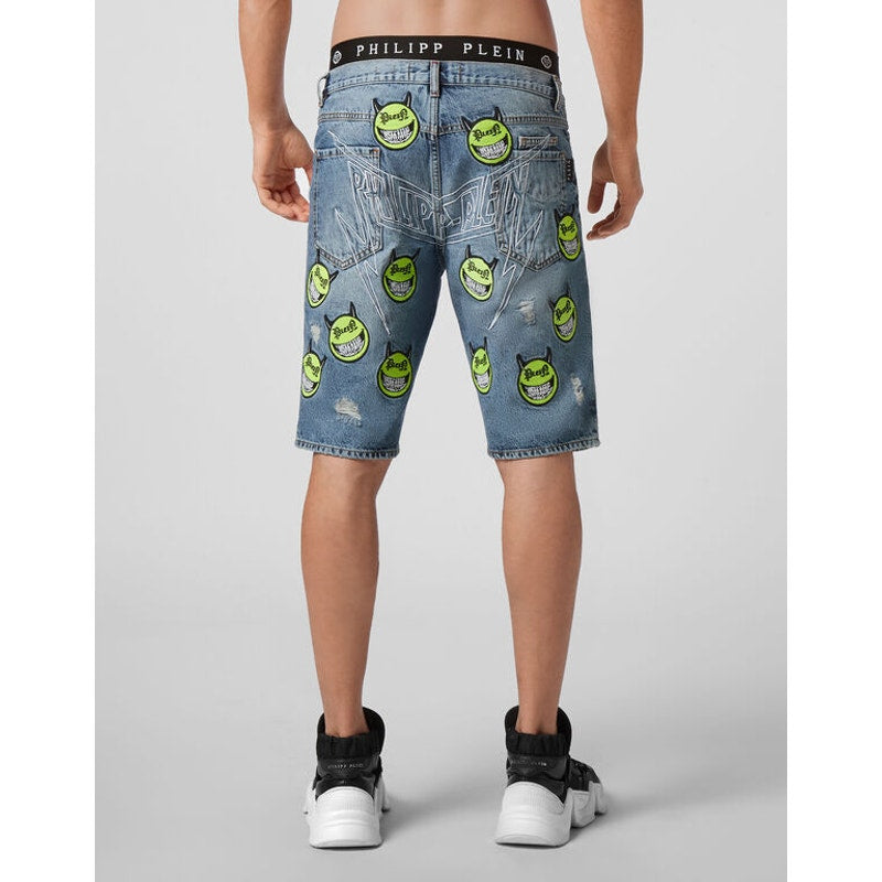 Philipp Plein Evil Smile Bermuda Shorts Denim Light Wash Blue Juniors Size 16