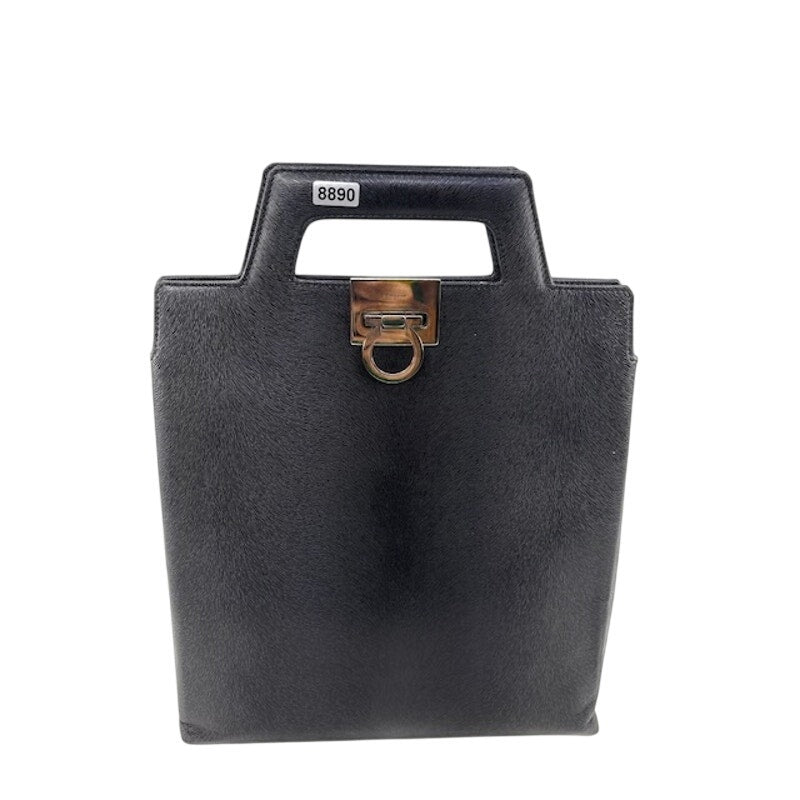 Salvatore Ferragamo Vintage Leather Hand Bag Gancini Clasp Structured Bag Black