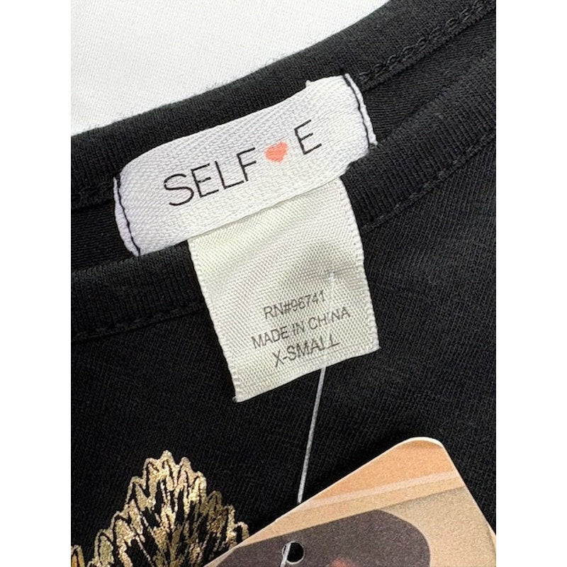 Self Esteem Cold Shoulder Top Gold Mandala Graphic V-Neck Black Womens Sz XS