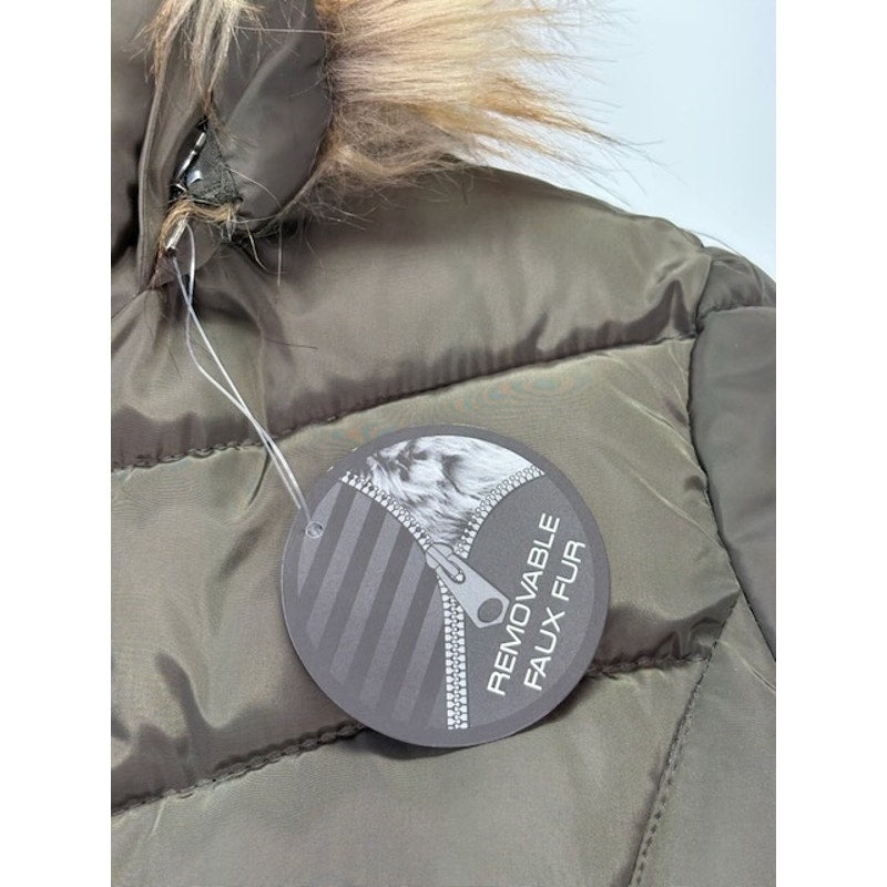Madden Girl Hooded Faux-Fur-Trim Puffer Coat Zip-Up Olive Juniors Size XS