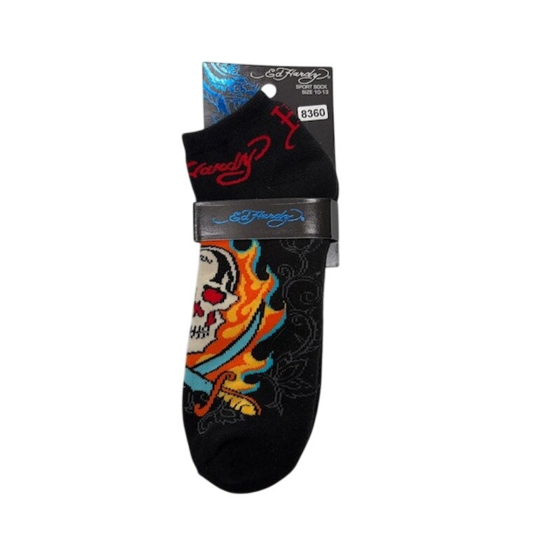 Ed Hardy Sport Socks Skull Flame Tattoo Cotton Blend Black Adult Size 10–13
