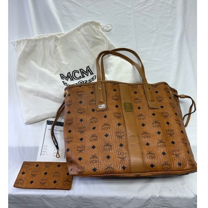 MCM Liz Reversible Visetos Cognac Shopper Tote Bag With Wallet Set Brown Large